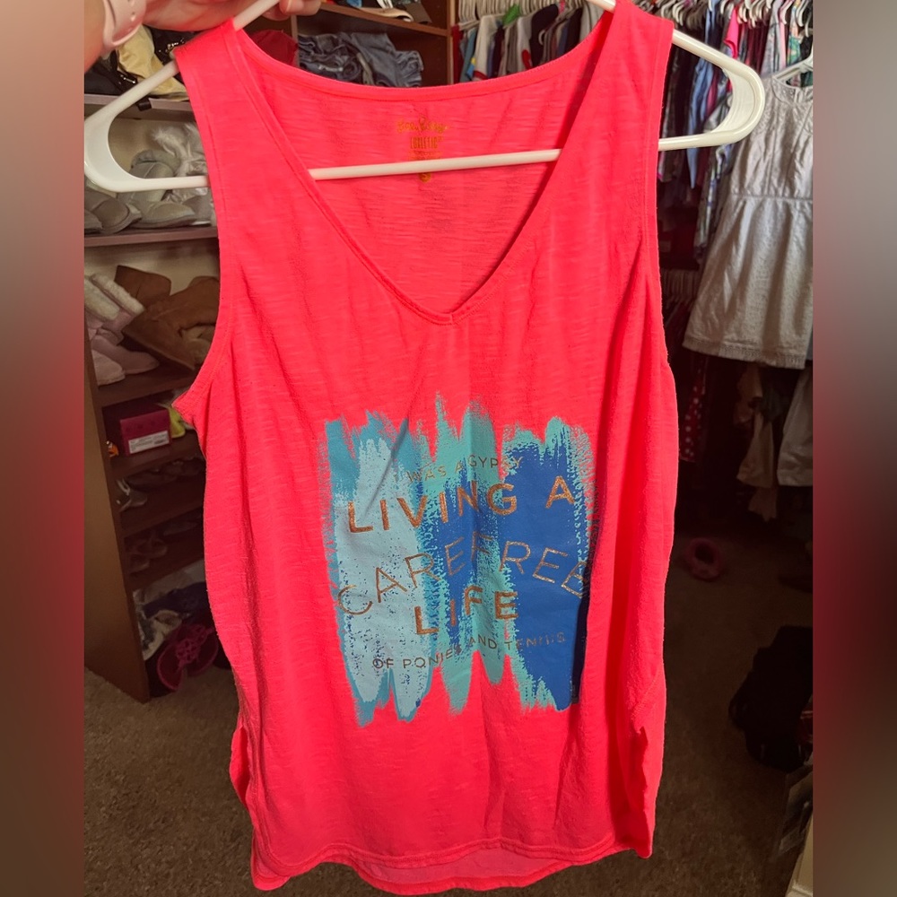 Small Lilly Pulitzer Living a Care free life luxletic tank top.